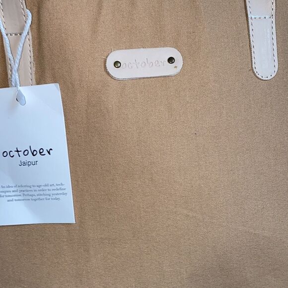 OCTOBER JAIPUR Tote Bag Canvas Tan Vegan Leather NWT! - Picture 4 of 8